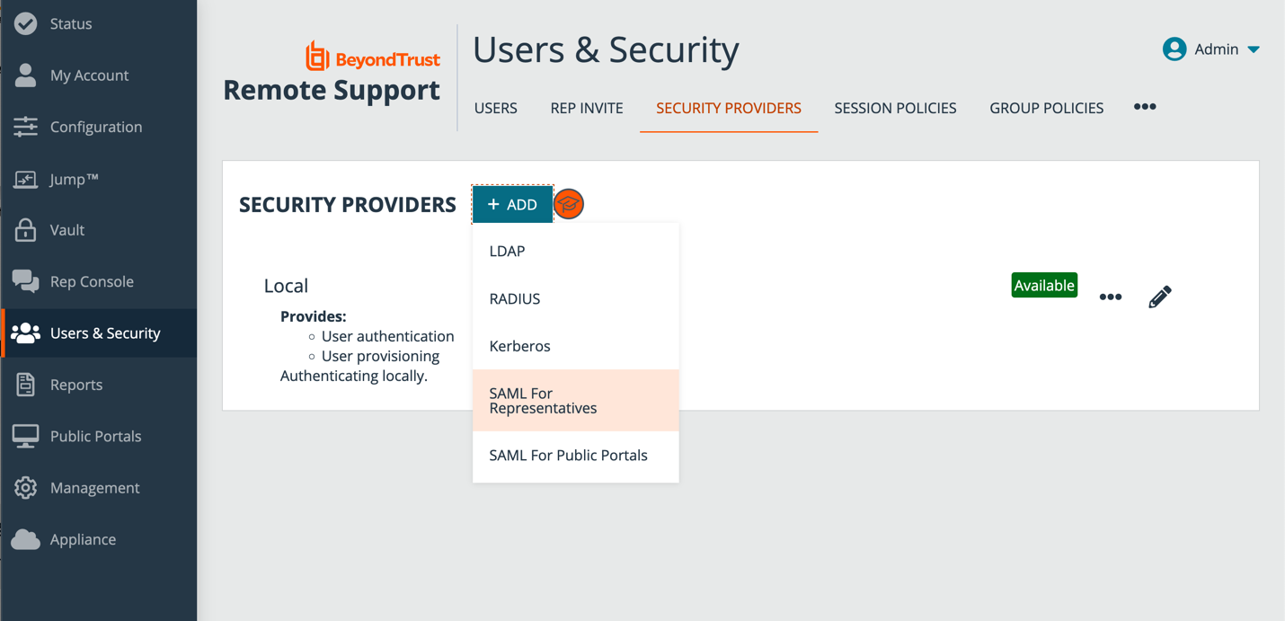 Access the Users & Security >  Security Providers tab, click + Add, and select SAML for Representatives