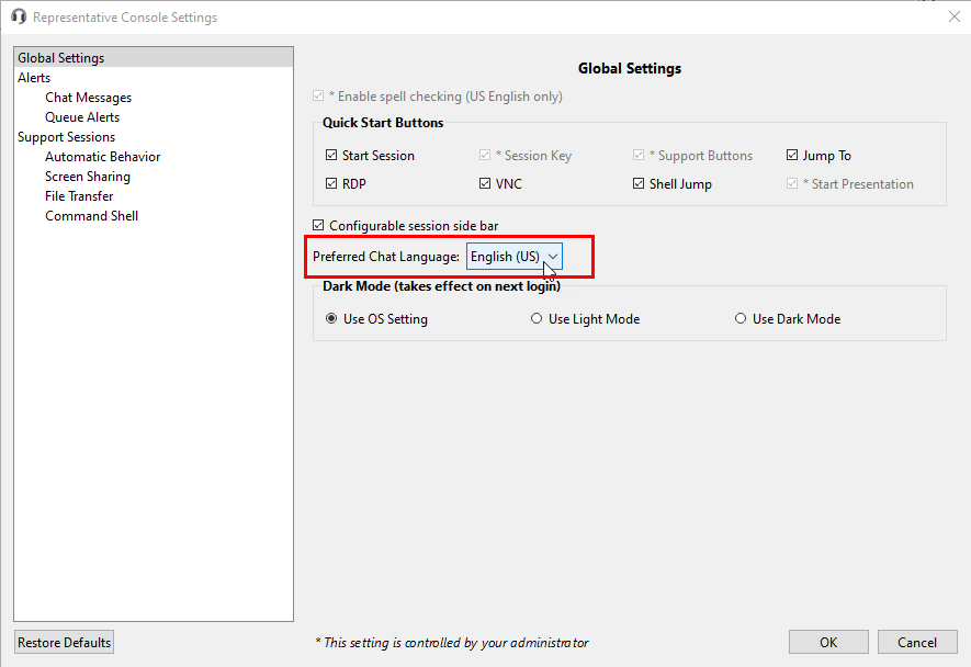 Console Global Settings with a dropdown to select a preferred chat language. 