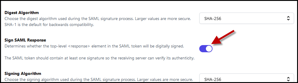 Enable Sign SAML Reponse on the Response tab.