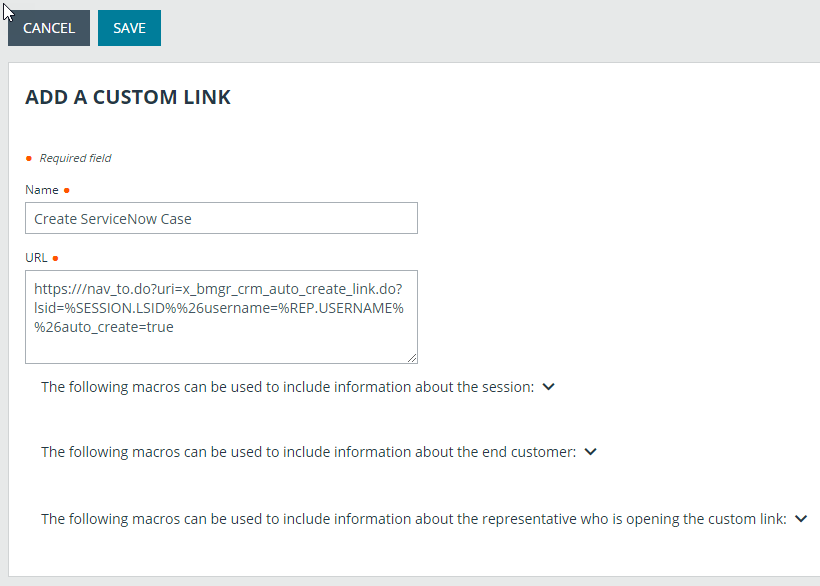 Screen for adding a custom link, showing required fields. 