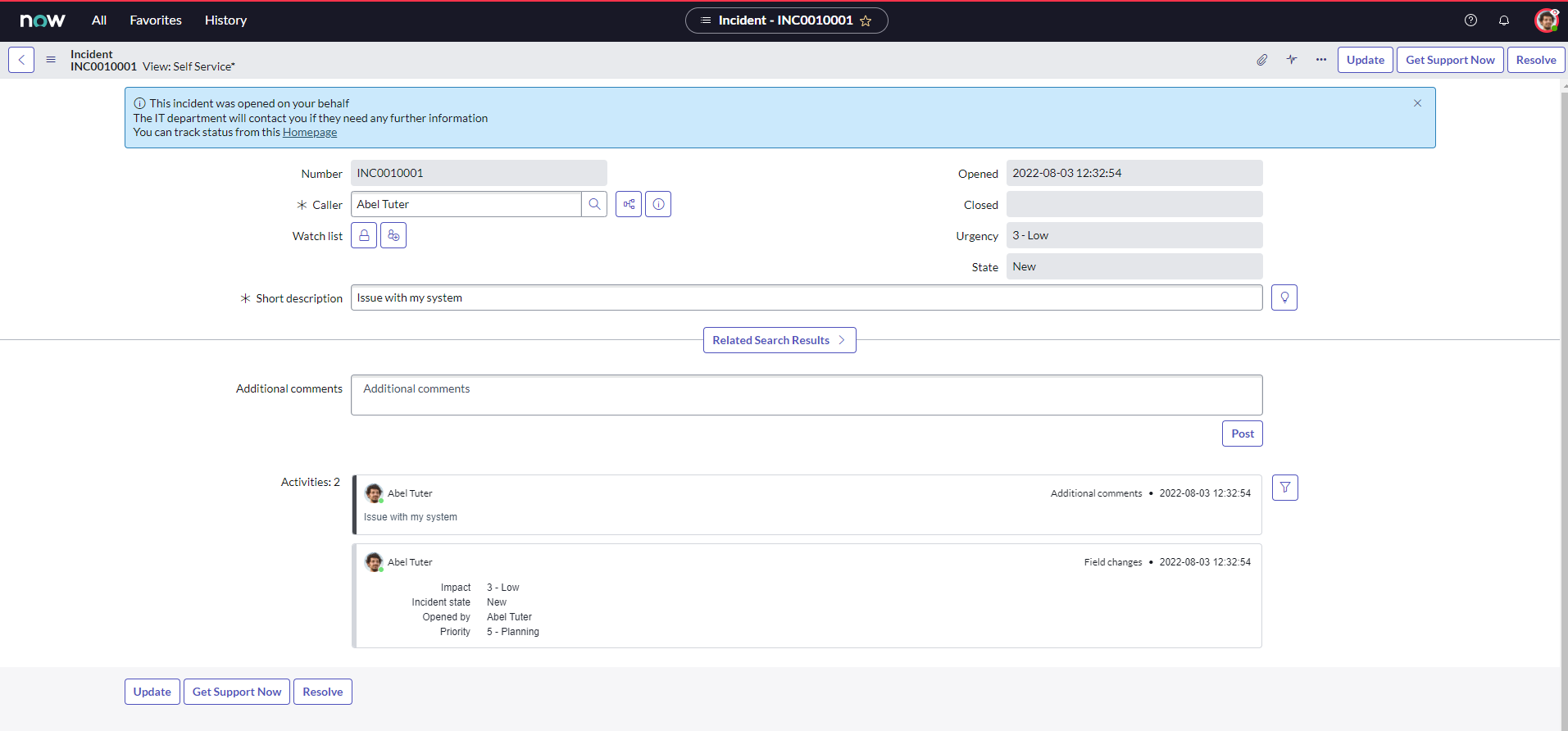 The ServiceNow interface displaying the Get Support Now option.