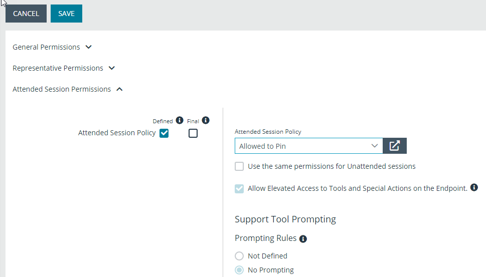 The Group Policy edit screen showing you can assign a specific session permission to a group policy.
