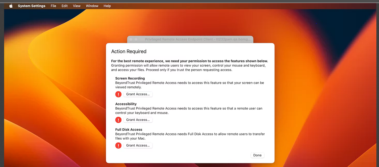 macOS desktop Action Required panel, showing types of access requested. 