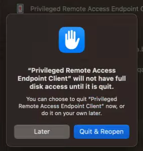 Full Disk Access is not enabled until the application is restarted. Click Quit and Reopen to restart the application. 