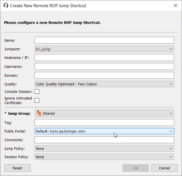 Screenshot of the Create New Remote RDP Jump Shortcut prompt