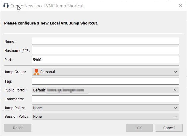 The Create New Local VNC Jump Shortcut prompt showing the configuration options.