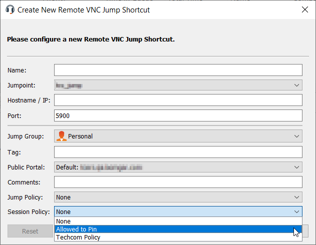 The Create New Remote VNC Jump Shortcut prompt showing the configuration options.