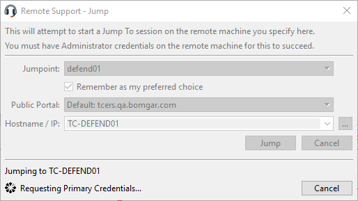The Jumpoint Configuration prompt in the process of connecting.