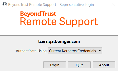 Remote Support login prompt showing Kerberos authentication.