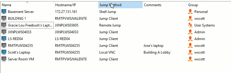 Dragging a column in the Jump Client list