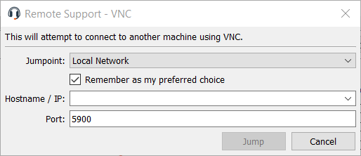 The BeyondTrust-VNC prompt where you enter Jumpoint, Hostname/IP, and Port information in order to access a specific VNC system.