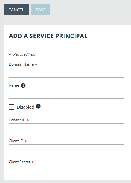 Mandatory and optional fields for adding an Azure AD Service Pincipal