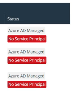 Discovery job results showing accounts with note "Azure AD Managed" in the Status Column, as well as red note "No Service Principal."