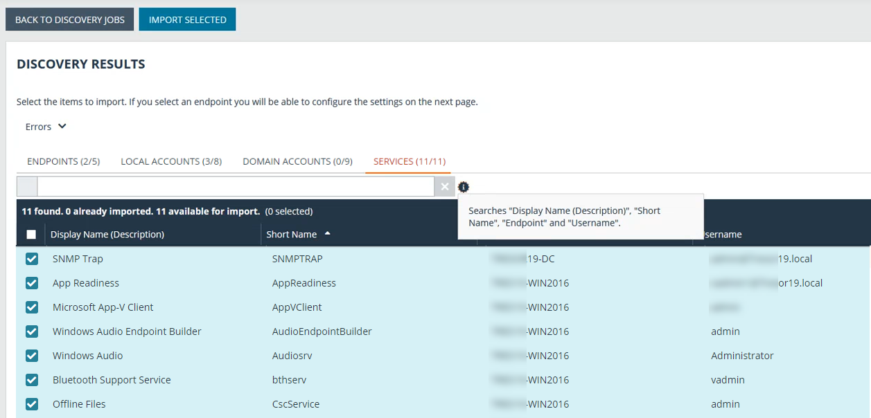 Screenshot of Endpoints and Accounts listed on the Discovery Results page in Remote Support /login.