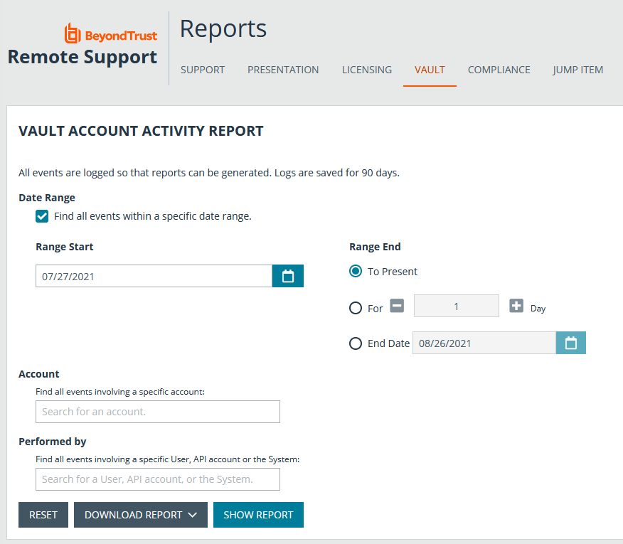 Screenshot of the Vault Account Activity Report page in Remote Support /login.