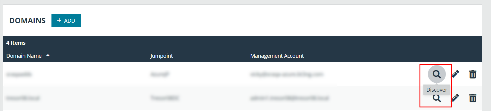 Screenshot of Vault > Domains page in /login highlighting the Discover button.
