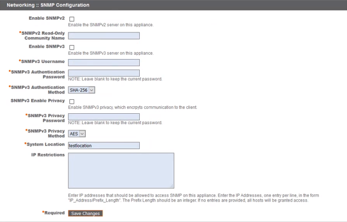 Capture d’écran de la page Réseau :: Configuration SNMP dans /appliance