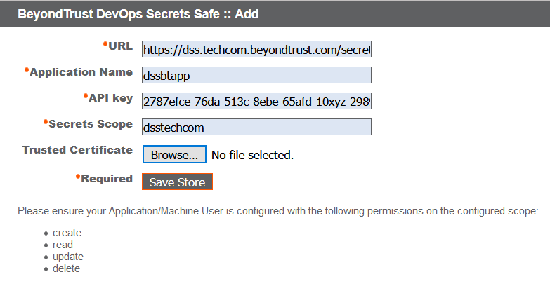 Capture d’écran de l’ajout d’un magasin DevOps Secrets Safe dans /appliance.