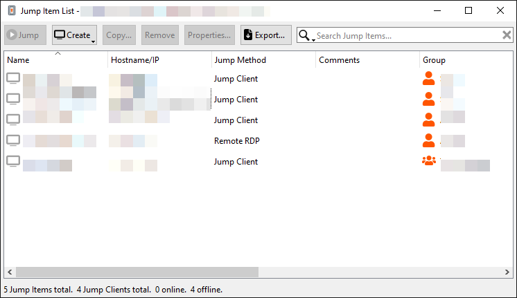 La liste des éléments de Jump dans le mode d’accès à l’infrastructure de la console d’accès.