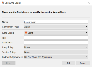 L’invite de modification du Jump Client montrant le menu déroulant d’accord du point de terminaison.