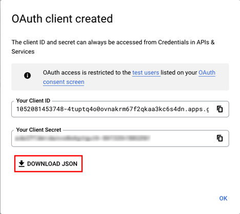 Écran de confirmation d’un client OAuth créé, affichant l’ID et le secret de client.