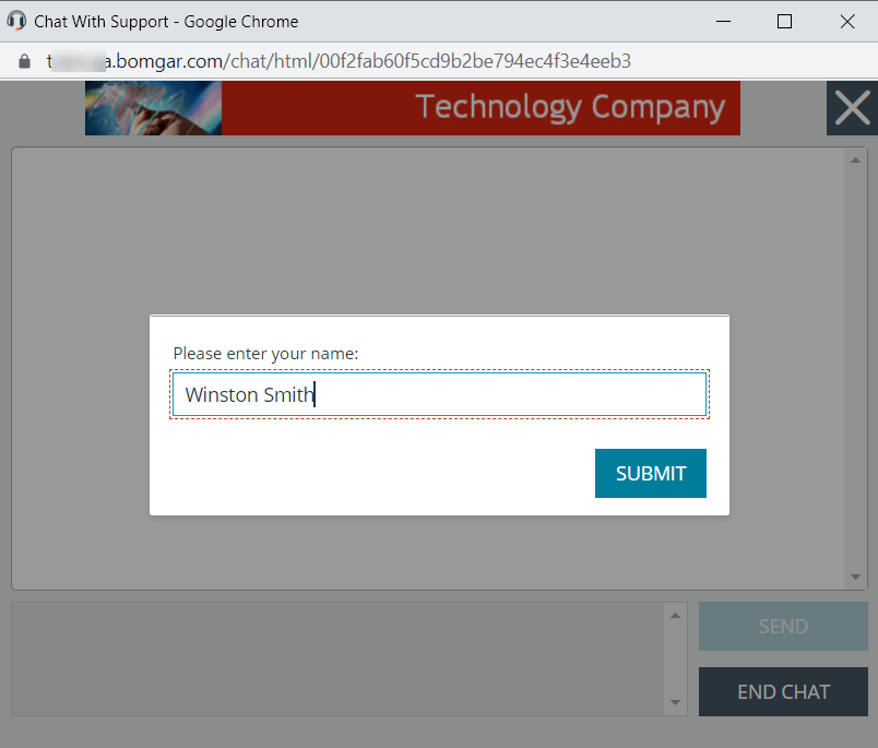 Capture d’écran de la fenêtre de messagerie instantanée Remote Support montrant la case dans laquelle le client doit saisir son nom.