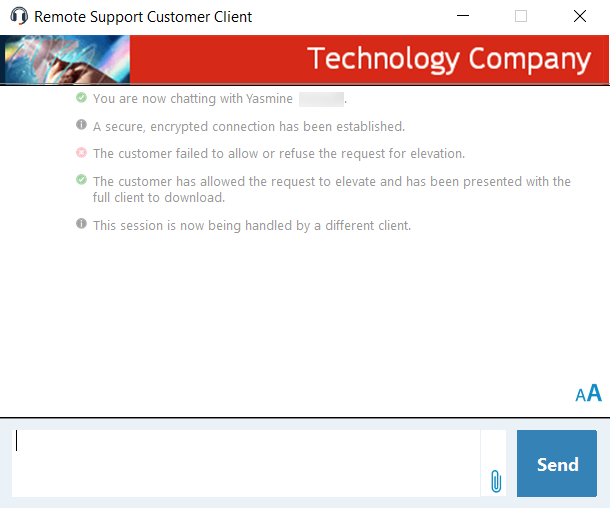 Capture d’écran de la fenêtre de messagerie instantanée du client d’utilisateur Remote Support après l’accroissement des droits.