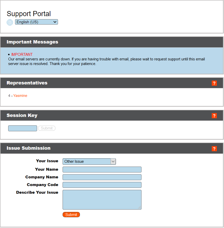 Capture d’écran du portail d’assistance technique client Remote Support